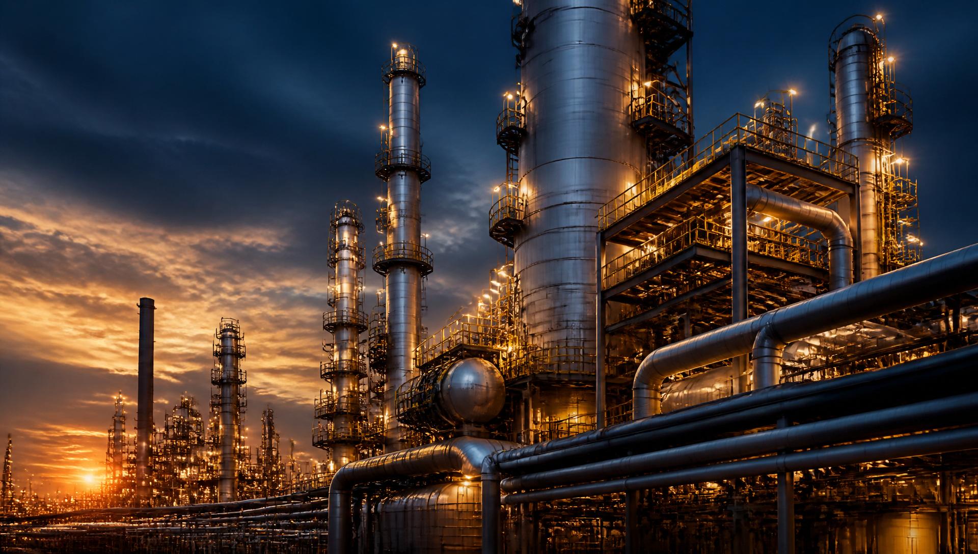 Industrial chemical processing plant at dusk with illuminated distillation columns